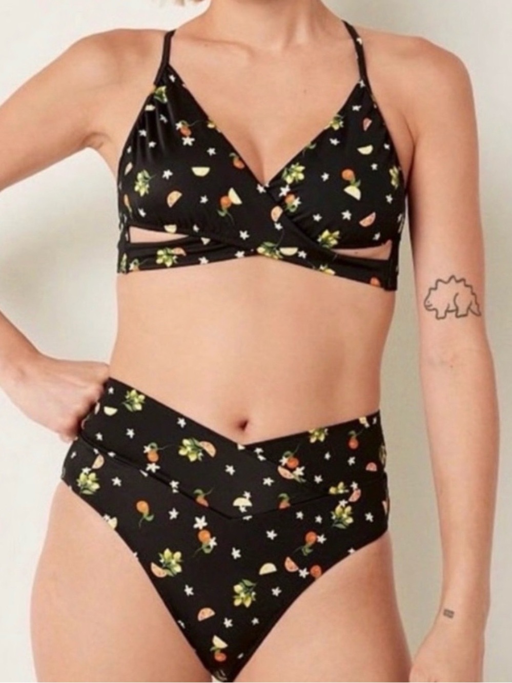 Pink Black Citrus Print High-Waist Kids Swim Bikini